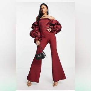 Off-Shoulder Ruffle Sleeve Jumpsuit in Burgundy